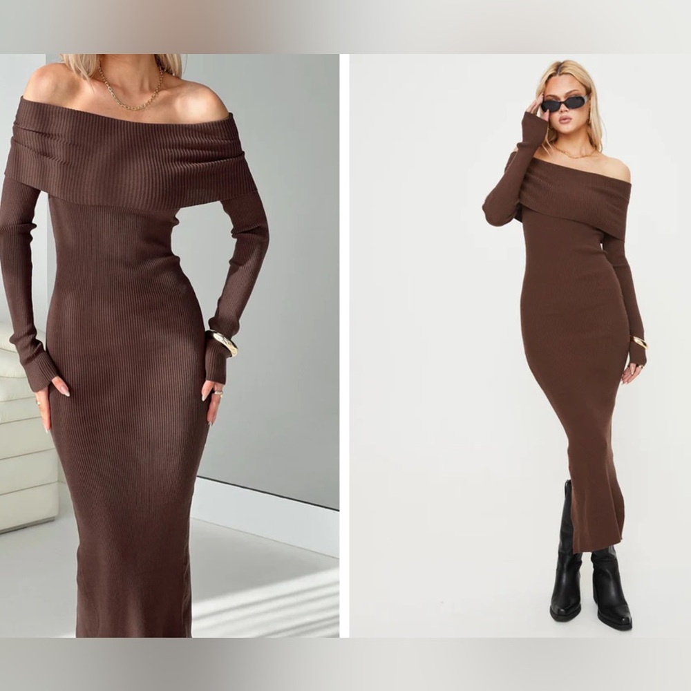 PHYLIS OFF THE SHOULDER MAXI DRESS CHOCOLATE - Princess Polly